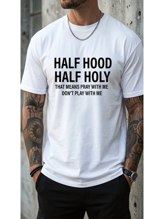 Men's Casual Graphic T Shirt Half Hood Half Holy White