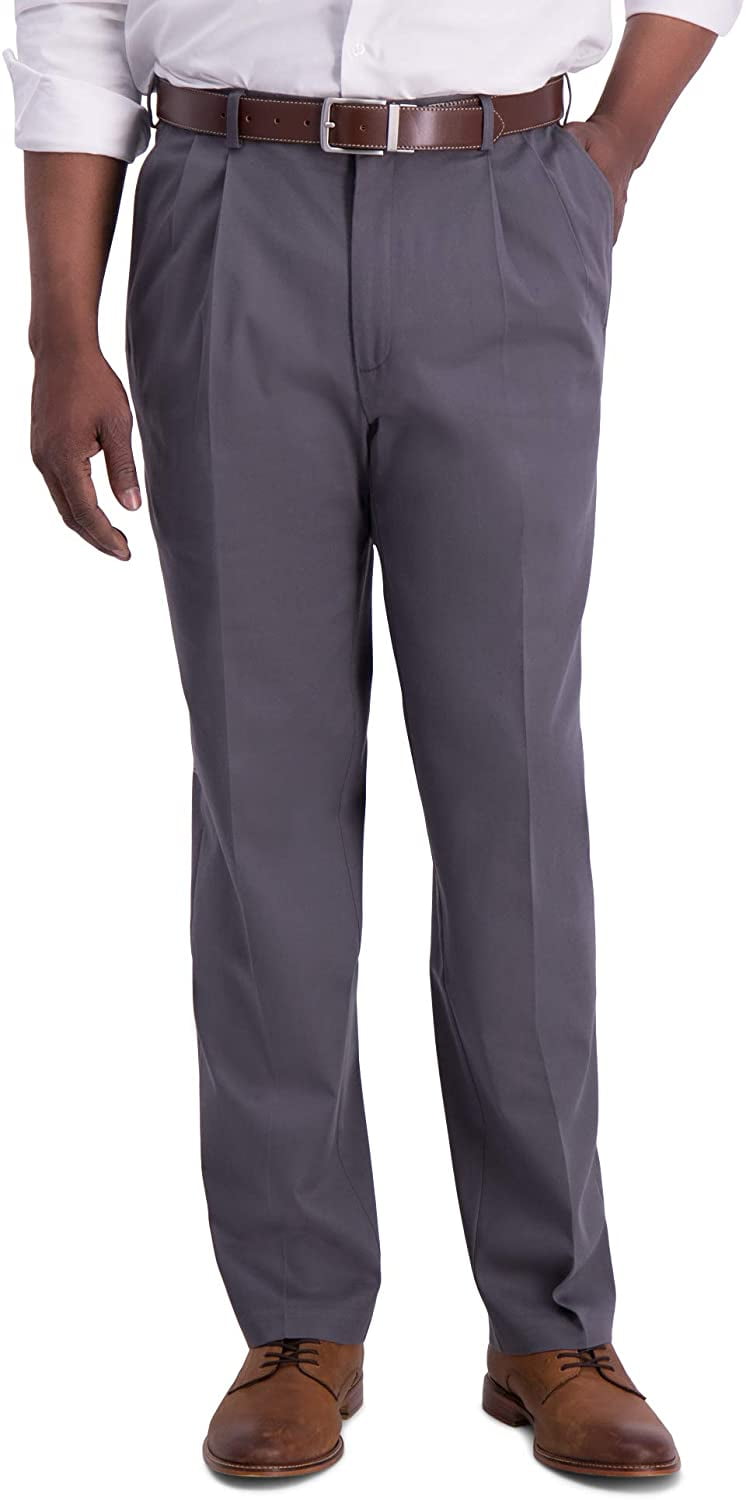 Men's Haggar Iron Free Premium Khaki Classic-Fit Pleat Front Hidden Comfort Waistband Casual Pant Dark Gray