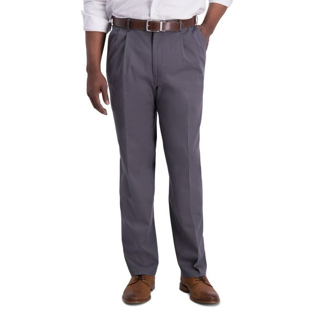 Men's Haggar Iron Free Premium Khaki Classic-Fit Pleat Front Hidden Comfort Waistband Casual Pant Dark Gray