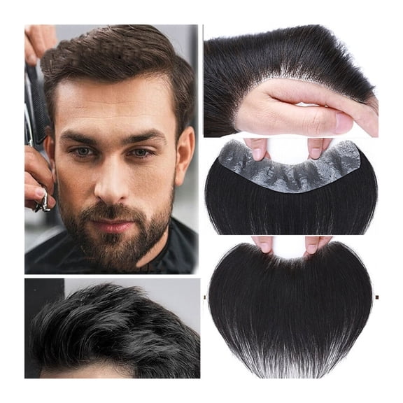 Men's Hairline Toupee Forehead Frontal Hairpiece, 0.05-0.14mm Full PU Base Indian Human Hair #1B Natural Black V-Shape Front Hair System Units