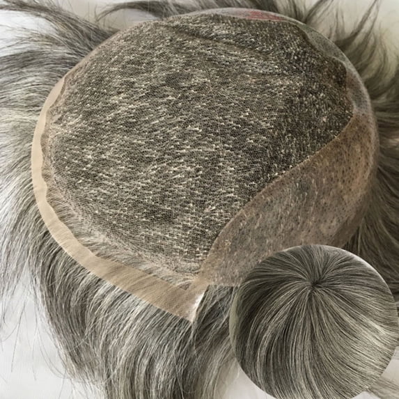 Men's Hairpiece European Human Hair Toupee 10x8inch HD Swiss Lace Super Thin Skin Back Hair Replacement Wig #2 Mixed 60% Grey Color