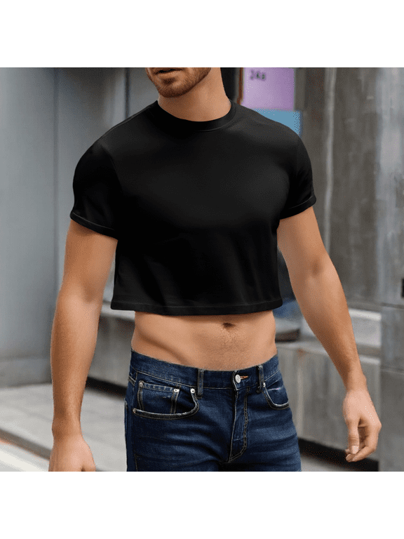 Men's Half Cut Casual Round Neck Short Sleeve Top, Cropped Summer Beach T-Shirt, Lightweight Festival Tee for Outdoor Party and Vacation