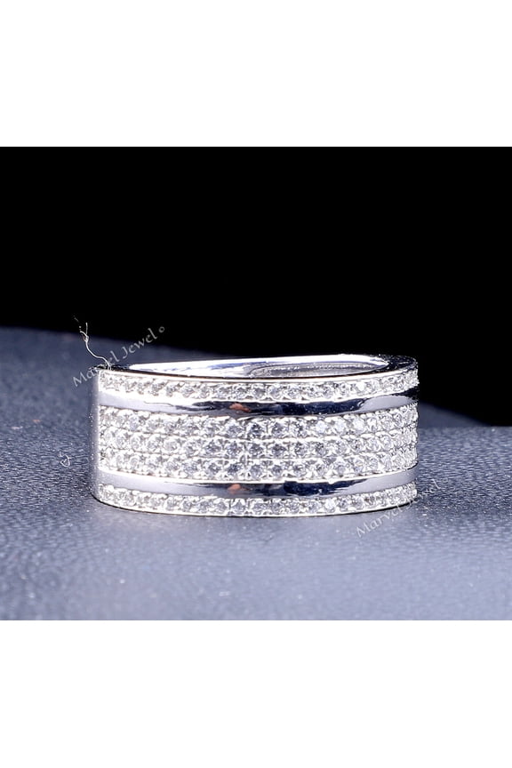 Men's Half Eternity Wedding Diamond Band, Micro Pave Set Diamond Engagement Ring, Multi Row Diamond Ring, 925 Sterling Silver, 2.3 Ct Simulated Diamond, Gift For Dad