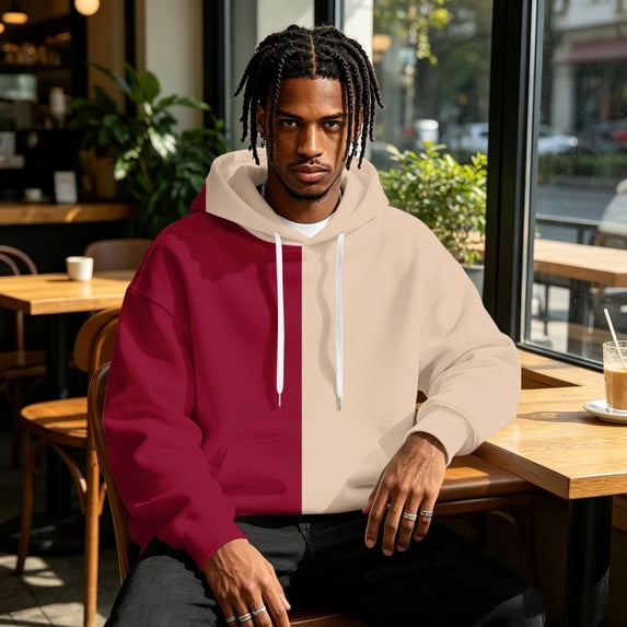Men's Half and Half Split Color Hoodie Pullover Sweatshirt, Two Tone Color Block Drawstring Hood Kangaroo Pocket Long Sleeve Athletic Streetwear Outdoor Casual Hooded Top Wine XL