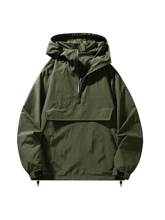 Men's Half Zip Anorak Windbreaker, Hooded Outdoor Jacket, Large Front Cargo Pocket, Adjustable Hood & Cuffs, Suitable For Outdoor Adventure Trips, Mountain Hiking Sports Army Green M