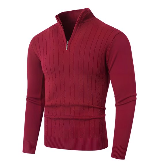 Men's Half Zip Cable Knit Sweater with High Neck, Long Sleeve Pullover