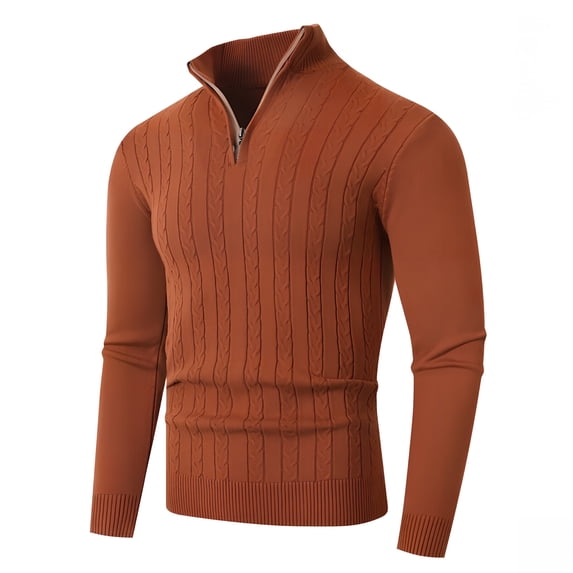 Men's Half Zip Cable Knit Sweater with High Neck, Long Sleeve Pullover