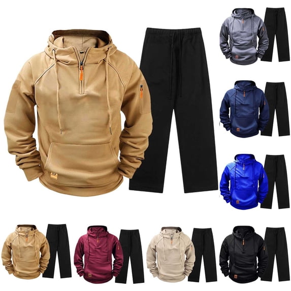 Men's Half Zip High Neck Hooded Sweatshirt Set Straight Leg Casual Pants Sports Two-Piece Set Beige Xxxl