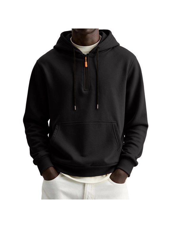 Men's Half Zip Hooded Jacket - Fleece Lined Pullover with Large Front Pocket, Adjustable Hood, Ribbed Cuffs, Regular Fit for Hiking and Outdoor Use Black S