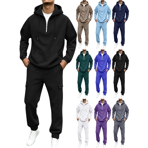 Men's Half-Zip Hooded Sweatshirt With Drawstring, Autumn Workwear With Large Pockets And Cuffed Pants Set Black L