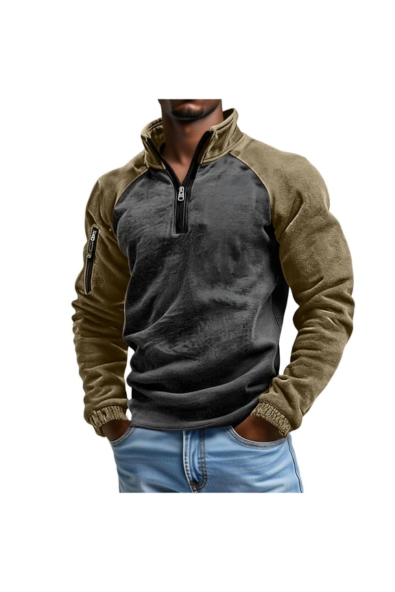 Men's Half-Zip Hoodie - Unisex Hooded Sports Pullover, Khaki, XXL