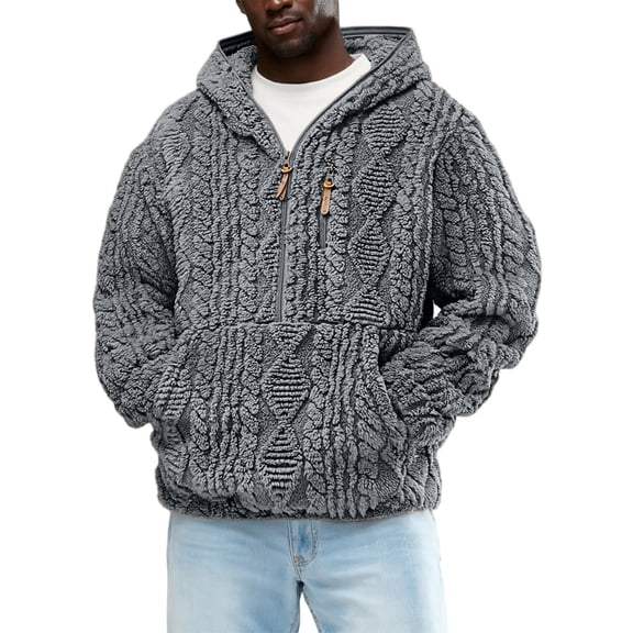 Men's Half-Zip Jacquard Fleece-Lined Hoodie - Fall Winter Textured Pullover With Front Pocket - Gray - Size S
