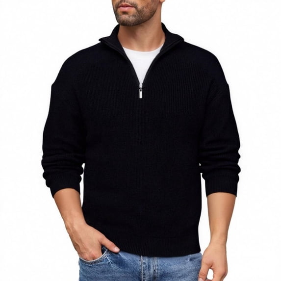 Men's Half Zip Knit Sweater with High Neck, Ribbed Long Sleeve Pullover