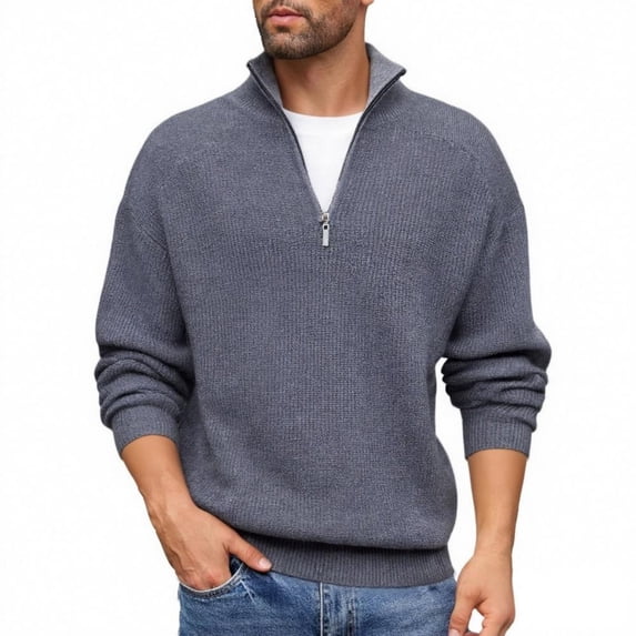 Men's Half Zip Knit Sweater with High Neck, Ribbed Long Sleeve Pullover