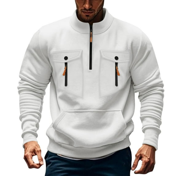 Men's Half Zip Multi Pockets Sweatshirts Athletic Casual Long Sleeve Sweater Pullover Fall Oversized Tops (S, White)
