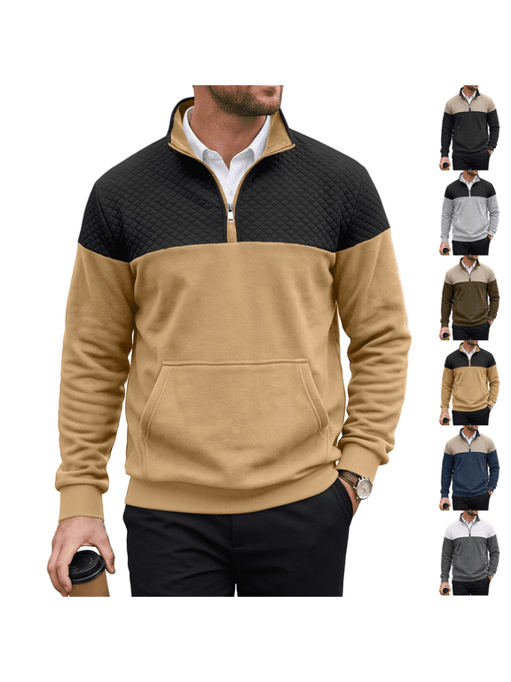 Men's Half Zip Pullover Windbreaker for Golf, Hiking, and Running Shirts with Pocket Long Sleeve Stand Neck Tops Khaki M