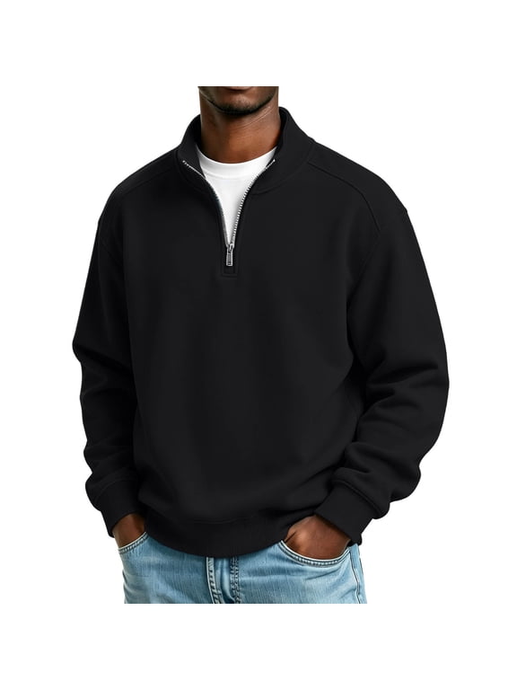 Men's Half Zip Sweatshirt Stand Collar Long Sleeve Casual Pullover Tops Fleece Jumper V Neck Long Sleeve 1/4 Zipper Sweatshirt Sherpa Thicken Plush Pullover Regular Fit Autumn Winter Sweatshirts