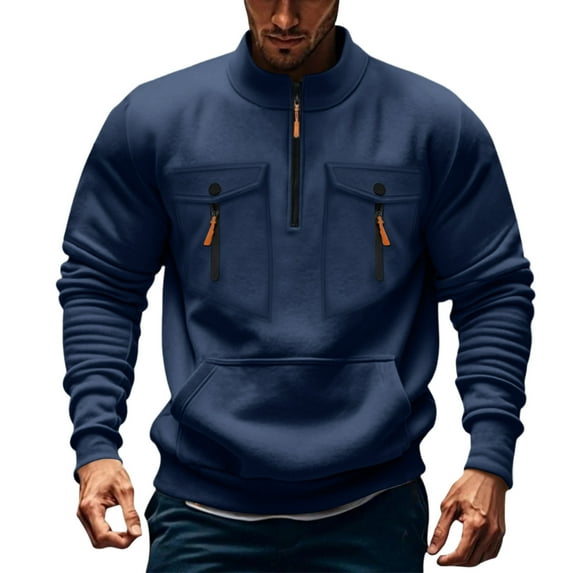 Men's Half Zip Tops Stand Collar Solid Color Multi Pockets Long Sleeve Pullover Casual Loose Sports Sweatshirts (S, Navy)