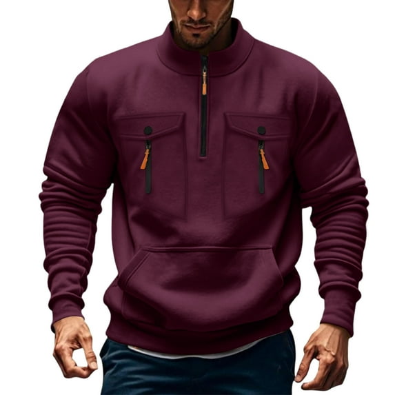 Men's Half Zip Tops Stand Collar Solid Color Multi Pockets Long Sleeve Pullover Casual Loose Sports Sweatshirts (S, Wine)
