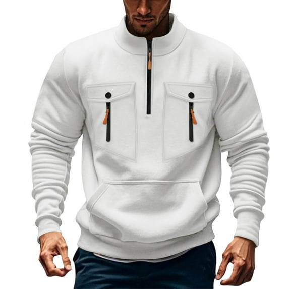 Men's Half Zip Tops Stand Collar Solid Color Multi Pockets Long Sleeve Pullover Casual Loose Sports Sweatshirts (XL, White)