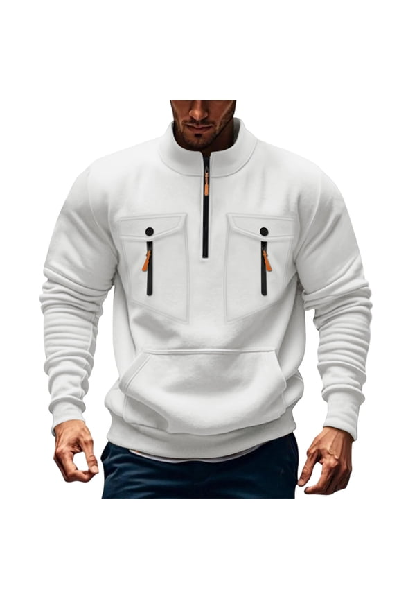 Men's Half Zip Tops Stand Collar Solid Color Multi Pockets Long Sleeve Pullover Casual Loose Sports Sweatshirts (XL, White)