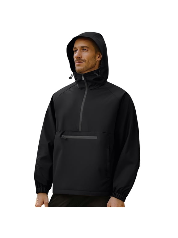 Men's Half-Zip Waterproof Jakcets Pullover Anorak Hooded Windbreaker Elastic Cuff Travel Hiking Jacket Black XS