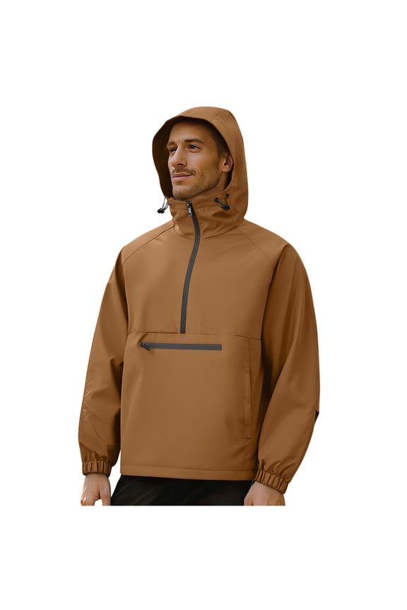Men's Half-Zip Waterproof Jakcets Pullover Anorak Hooded Windbreaker Elastic Cuff Travel Hiking Jacket Coffee S