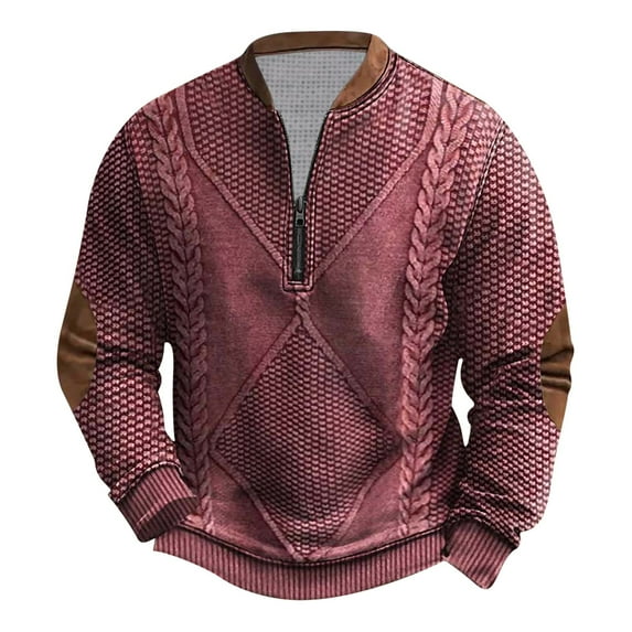 Men's Half Zipper Knit Texture Sweatshirt with Elbow Patch - Vintage Colorblock Casual Long Sleeve Pullovers Shirts