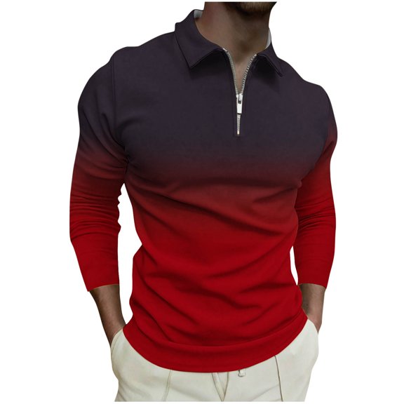 Men's Half Zipper Pullover Long-sleeved Top Hoodless Sweatshirts Printed Stand-up Collar Blouse Shirt Fall& Winter Red M