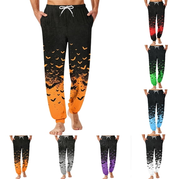 Men's Halloween Bat Pajama Pants with Pockets & Drawstring - Cuffed Jogger Sleep Bottoms for Men, Elastic Waist Soft Lightweight Lounge Homewear Orange XL