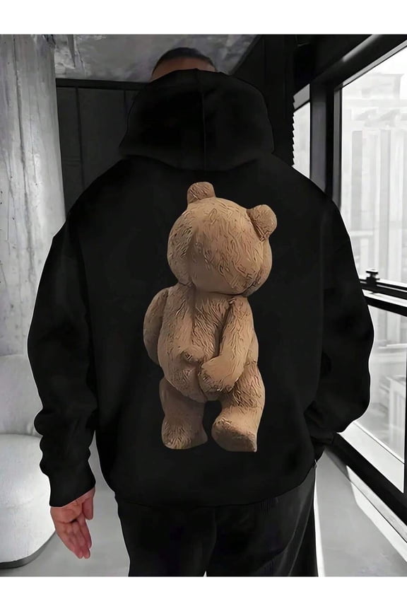 Men's Halloween Bear Print Hoodie - Cozy Fleece-Lined, Loose Fit Sweatshirt with "I'm Not A Bear" Design, Black & Brown Bear Graphic, Perfect for Fall/Spring Outings, S-3XL