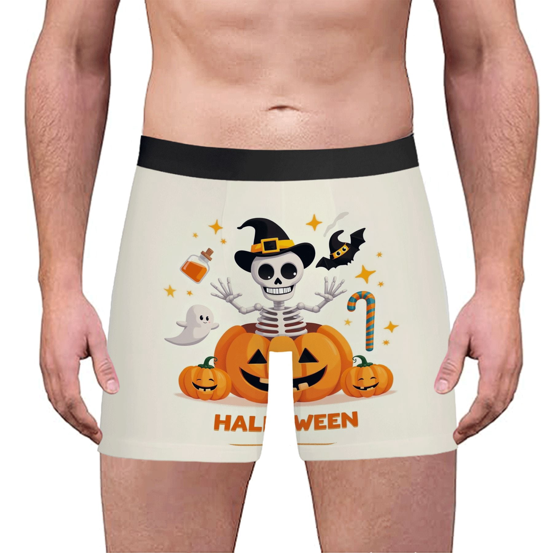 Boxer Skeleton Men's Halloween Boxer Briefs - Skeleton in Hat on Pumpkin with Ghosts ...