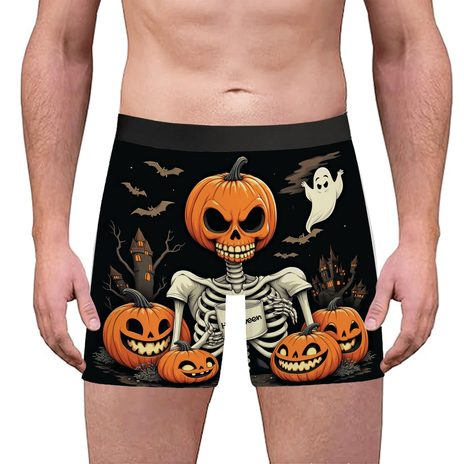 Boxer Skeleton Men's Halloween Boxer Briefs - Skeleton with Mug Carved Pumpkins ...