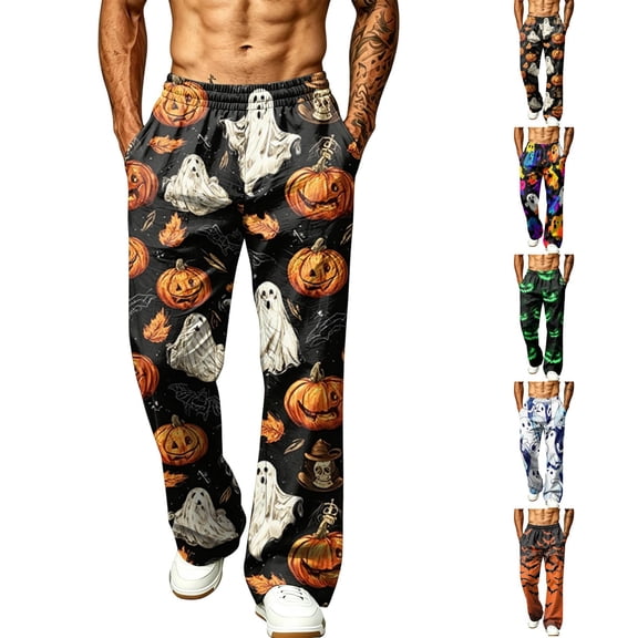Men's Halloween Casual Pants - Wide Leg Pumpkin Skull Print Lounge Pants, Soft Baggy Pajama with Elastic Waist