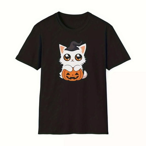 Men's Halloween Cat T-Shirt - Black Graphic Tee,Print，Round Neck Top, Spooky Short Sleeve Shirt, Casual Comfort Fit, Halloween Party Apparel，Funny，cotton，black，S-5XL
