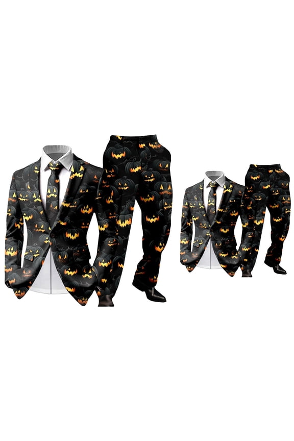 Men's Halloween Christmas Suit Set Santa Print Jacket & Pants 4 Pockets Straight-Fit Blended Outfit for Parties Events Themed Gatherings Unique Design Style