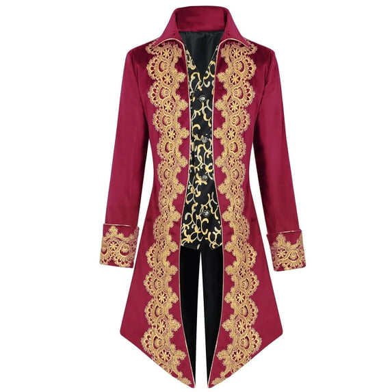 Men's Christmas Halloween Cosplay Medieval Soft Satin Fabric Mid-Length Retro Tailcoat Blazer Jacket for Stage Role Play Outfits