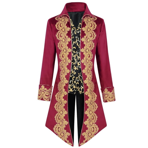 Men's Christmas Halloween Cosplay Medieval Soft Satin Fabric Mid-Length Retro Tailcoat Blazer Jacket for Stage Role Play Outfits