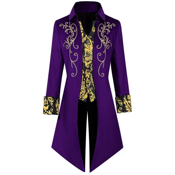 Men's Christmas Halloween Cosplay Medieval Soft Satin Fabric Mid-Length Retro Tailcoat Blazer Jacket for Stage Role Play Outfits