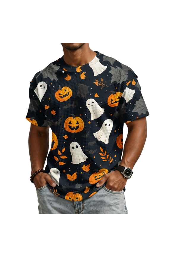 Men's Halloween Crewneck T-Shirt, Spooky Ghost Pumpkin Full Print Short Sleeve Casual Fall Streetwear Tops