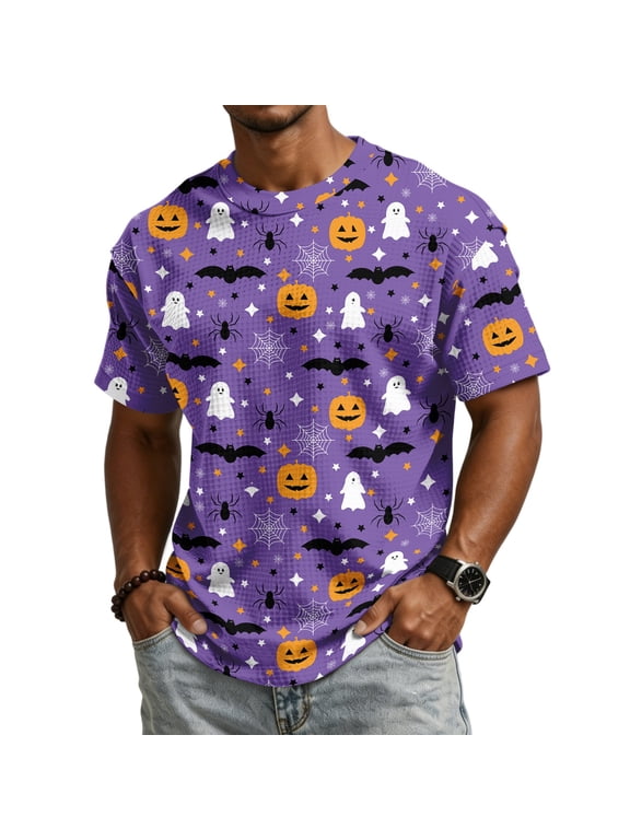 Men's Halloween Crewneck T-Shirt, Spooky Ghost Pumpkin Full Print Short Sleeve Casual Fall Streetwear Tops