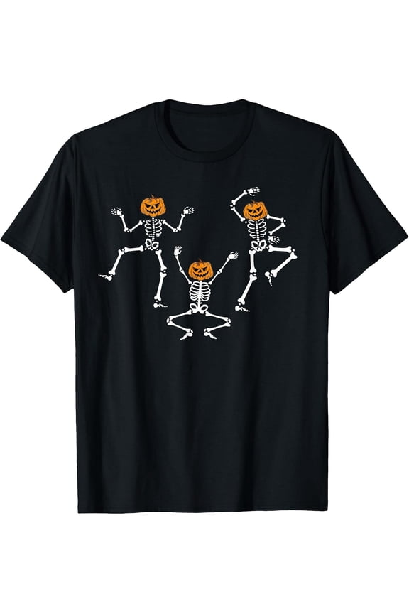 Men's Halloween Dancing Skeleton Graphic T-Shirt - 100% Cotton, Short Sleeve, Black, Fun & Spooky Design with Pumpkin Heads, Perfect Gift for Dad, Husband, Grandpa, Sizes S-XXXL