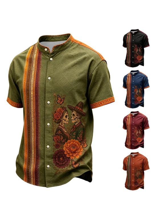 Men's Halloween Floral Ghost Embroidery Button Down Shirt, Day Of The Dead Pattern Long Sleeve Festive Party Top