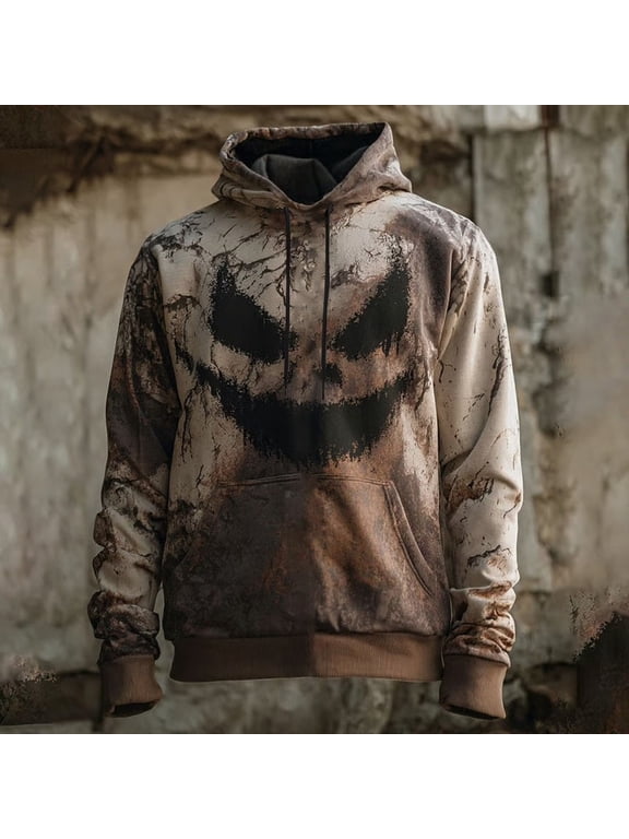 Men's Halloween Graphic Hoodie, Patchwork Horror Smile Print Sweatshirt with Kangaroo Pocket, for Halloween Party Cosplay and Themed Gathering Yellow L
