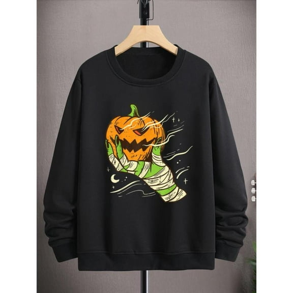 Men's Halloween Graphic Sweatshirt,Spooky Vintage Zombie Hand Pumpkin Jack O Lantern Print,Crew neck ,Casual Streetwear Top,Classic,cotton,black,S-3XL