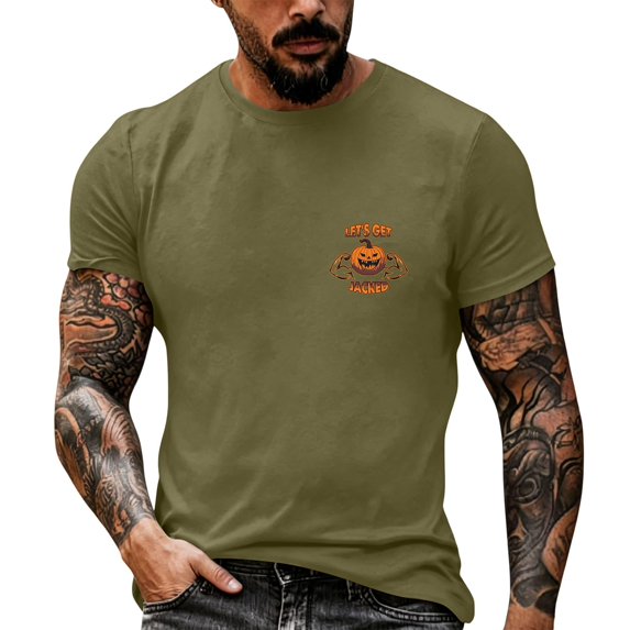 Men's Halloween Graphic T-Shirt, Pumpkin Chest Print Short Sleeve Tee, Casual Fall Holiday Top 2XL
