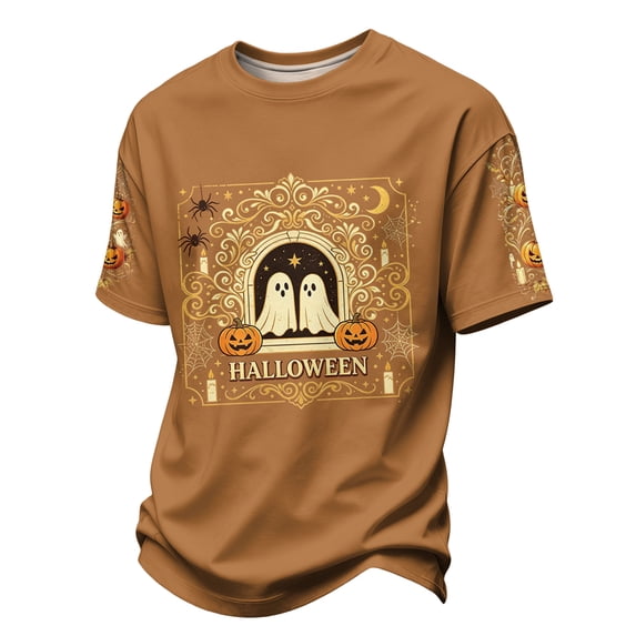Men's Halloween Graphic T-Shirt, Short Sleeve Crew Neck Spooky Ghost Pumpkin Print, Lightweight Breathable Casual Tee for Party 15-Brown L