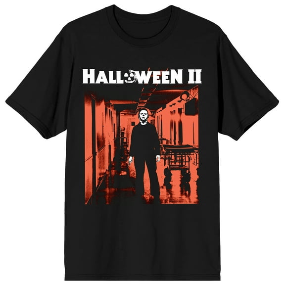 Halloween II Logo Michael Myers on reddish hospital background on Black Short Sleeve Adult T-Shirt-3XL
