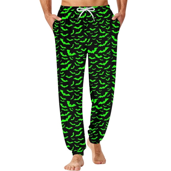 Men's Halloween Jogger Pajama Pants, Drawstring Two Pocket Printed Cuffed Lounge Sleep Trousers Nightwear Slacks, Green, M