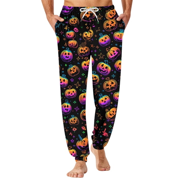 Men's Halloween Jogger Pajama Pants, Drawstring Two Pocket Printed Cuffed Lounge Sleep Trousers Nightwear Slacks, Purple, L